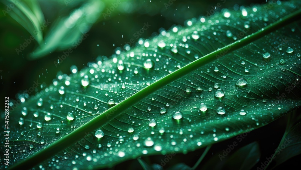 Poster serene image of a taro leaf with dew droplets reflecting light and emphasizing lush foliage