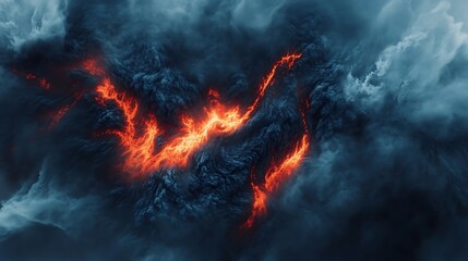 Fiery lava eruption surrounded by ash clouds and vivid lighting image