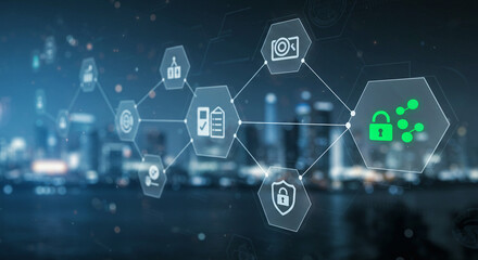 An interconnected network of digital security icons protecting information flow and data in front of an urban skyline background.