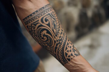 Intricate tribal tattoo design on a forearm.