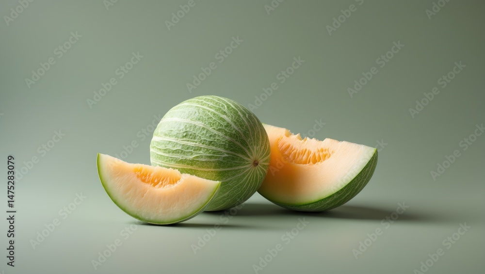 Poster fresh green cantaloupe with a sliced section on a neutral background