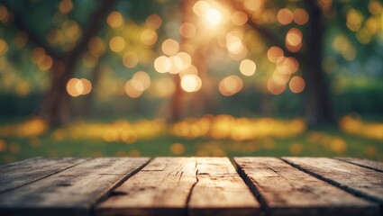 Textured hardwood table with blurred outdoor park scene and sunlight, suitable for product montage and creative design templates