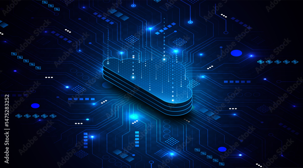 Poster Abstract cloud technology circuit board. Large data center concept. modern cloud storage technology innovation concept background	