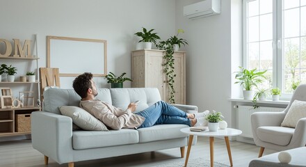 Young man resting on sofa in room with operating air conditioner