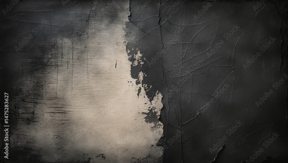 Poster black and white textured paper with dark grunge and scratched patterns, providing a faded space for 