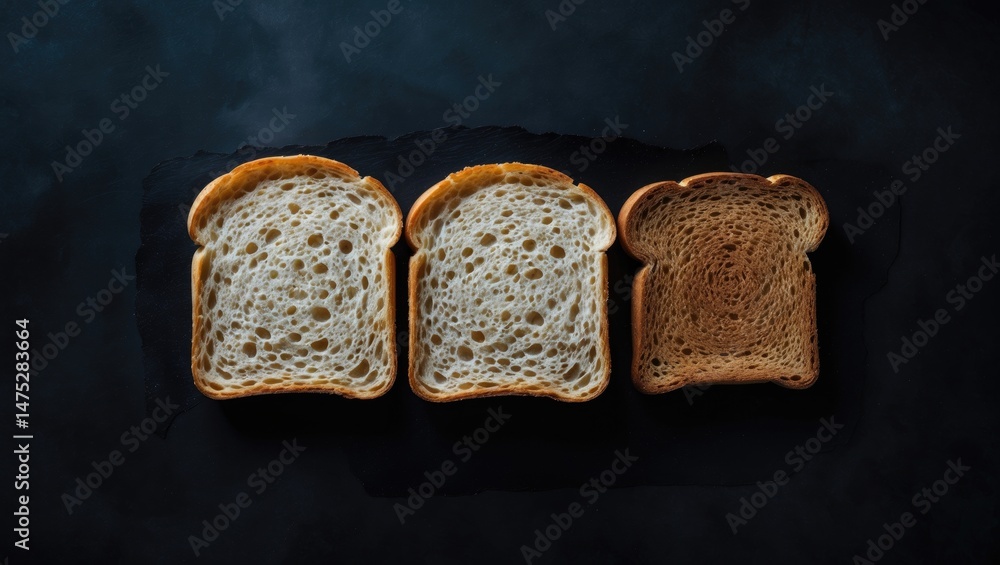 Poster wholemeal bread rusks and toast slices in a round set on background, top view