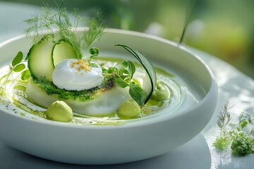 Gourmet green dish with poached egg, herbs, and avocado creme in white bowl