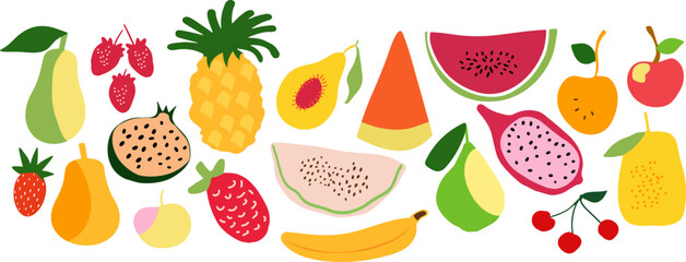 Vector summer cute exotic tropical fruits in flat design.Healthy sweet food. 
