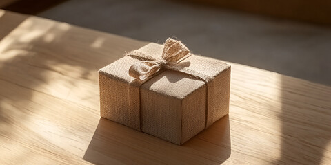 Gift Box on Wooden Table with Warm Lighting Background


