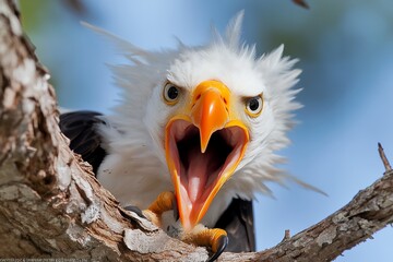 Close-up of angry bald eagle screaming from tree branch
