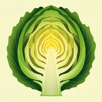 An artistic illustration of a cut cabbage in longitudinal section on a light background. The numerous layers of leaves are visible.