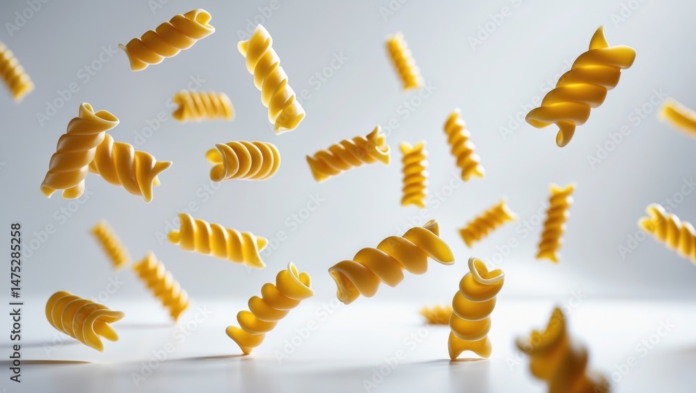Poster uncooked fusilli and rotini pasta falling, isolated on white background, featuring clipping path and