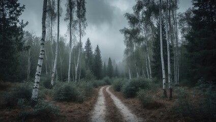 Cloudy winter day in a pine and birch tree forest. Blueberry bushes present in the woodland. Sky with white and gray clouds. Snow accumulated on the ground. Nature.