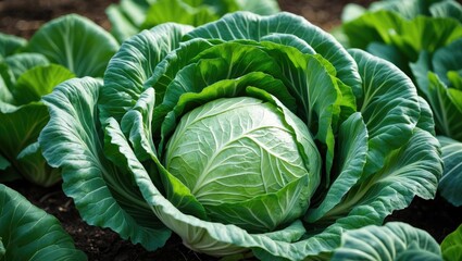 Obraz premium Close-up of young green cabbage, producing cabbage in the field. farming business