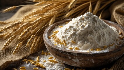 Zoomed-in image of a bowl with flour, wheat grains, and spikelets
