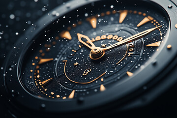 luxury black and gold wristwatch close-up with raindrops and precision craftsmanship in dramatic lighting