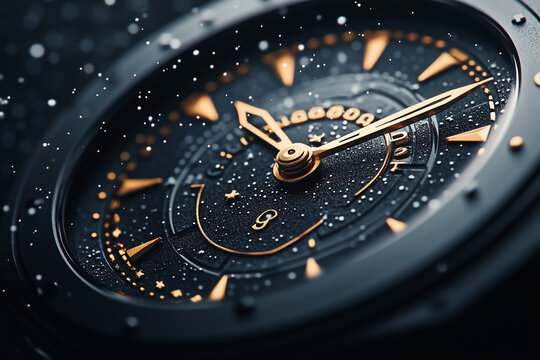 luxury black and gold wristwatch close-up with raindrops and precision craftsmanship in dramatic lighting