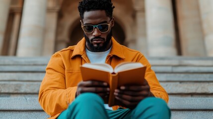 A stylish man wearing sunglasses is deeply engrossed in reading a book while seated on stone steps, reflecting a blend of leisure and sophistication in a serene environment.