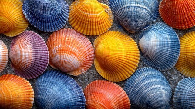 Vibrant seashells arranged on sand, colors ranging from blue and purple to orange and yellow