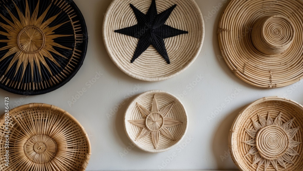 Poster organic woven rattan decorative plates and hats for walls, featuring multiple patterns and textures