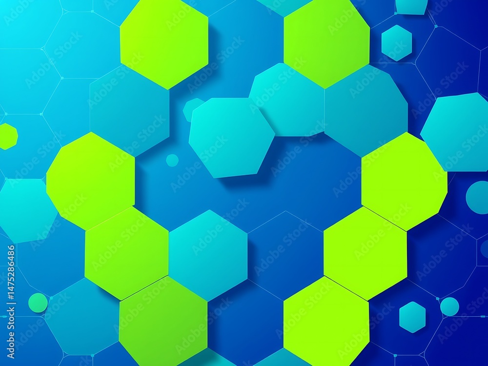 Poster abstract background featuring hexagons in shades of blue and green with network connection lines