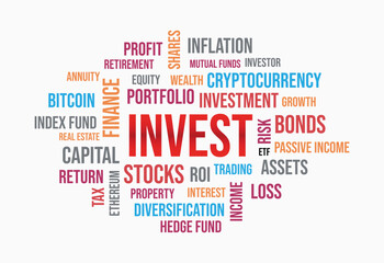 Invest word cloud business concept on white background