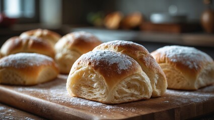 Sweet bread rolls with powdered sugar on top, detailed shot