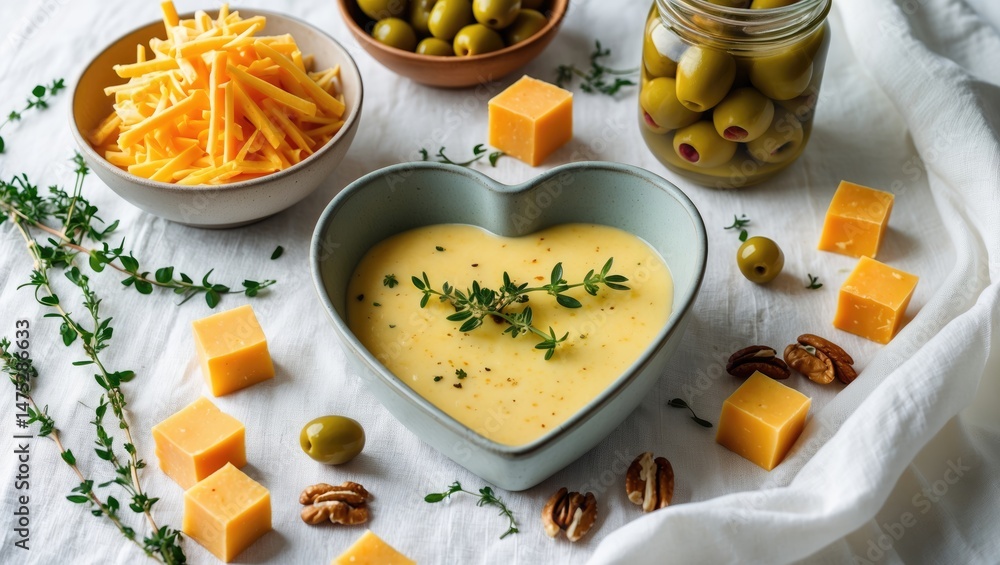 Poster savory cheese and nut sauce garnished with thyme and olives against a white backdrop