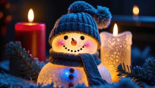 LED snowman decoration positioned in front of other decorations