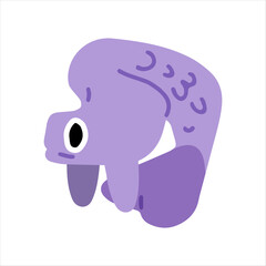 Purple Cartoon Tropical Fish Illustration. Flat cartoon-style illustration of a purple tropical fish with simple shapes and bold outline. Isolated on white background.