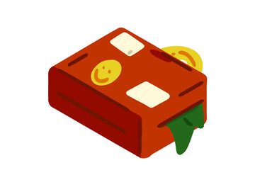 Cartoon Summer Travel Suitcase Icon. Flat vector illustration of a red suitcase with clothes sticking out. Travel-themed image in a playful minimal style, isolated on white background.