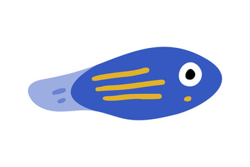 Blue Cartoon Tropical Fish Illustration. Flat vector illustration of a blue tropical fish with yellow stripe, large eye, and playful rounded shape. Isolated on white background in a clean cartoon styl