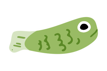 Green Cartoon Tropical Fish Illustration. Flat cartoon-style illustration of a green tropical fish with simple shapes and wavy details. Isolated on white background.