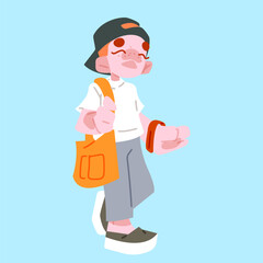 Teenager Carrying Orange Tote Bag. Stylized teenage boy in a white T‑shirt, grey pants and backwards cap, carrying an orange tote bag against a light‑blue background in flat cartoon style.