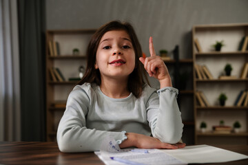 Young Girl in Grey Sweater Making a Point with Pencil in Hand
