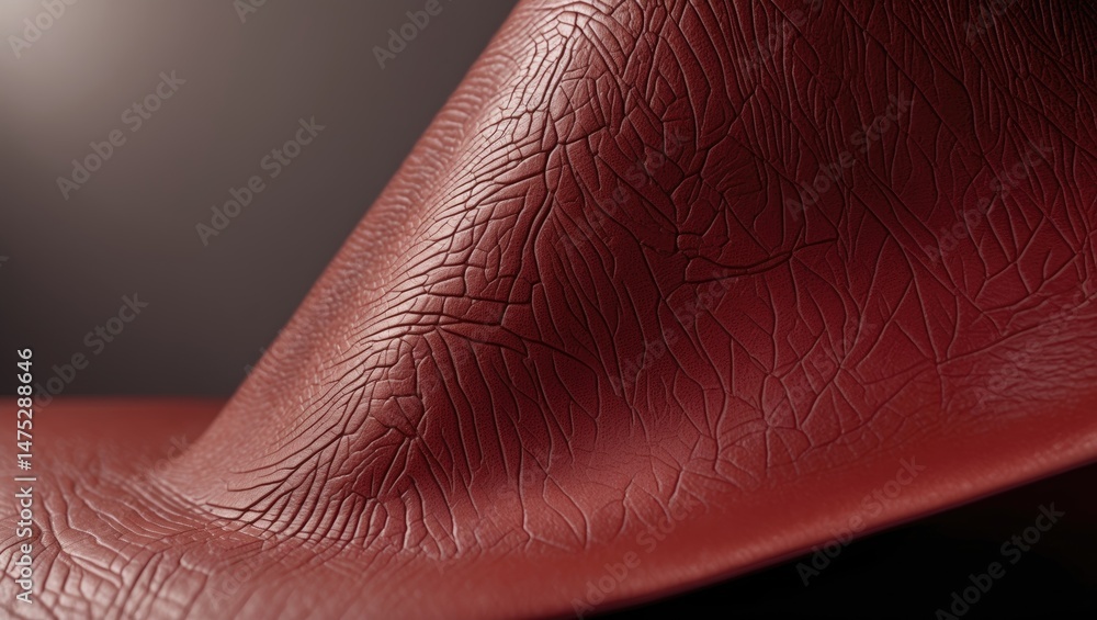 Poster intimate look at natural solid red leather texture, macro shot. structure of matte leatherette with 