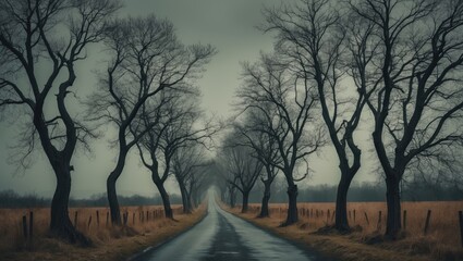 Calm rural road with weathered bare trees on either side, emphasizing solitude.