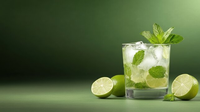 A vibrant mojito cocktail in a glass, filled with ice, mint leaves, and lime slices, showcasing the refreshing nature of this classic summer drink with a green backdrop.
