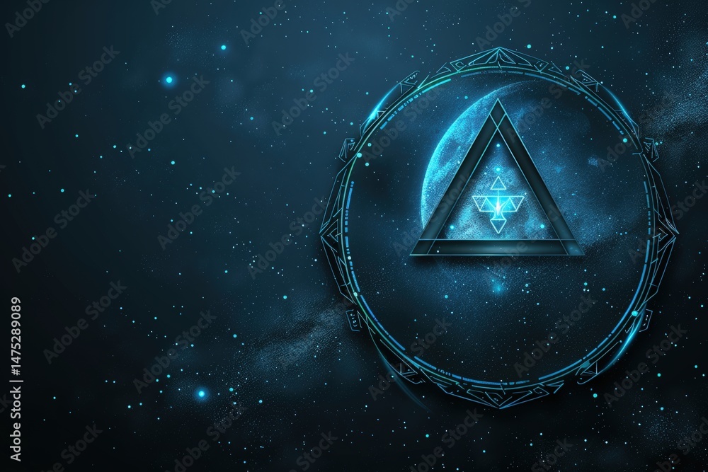 Poster a glowing triangle with geometric symbols floats in space, surrounded by stars and a circular frame,
