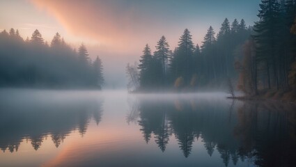 Fototapeta premium Serene forest landscape during October sunrise with mist over a peaceful lake and colorful foliage reflected in the water
