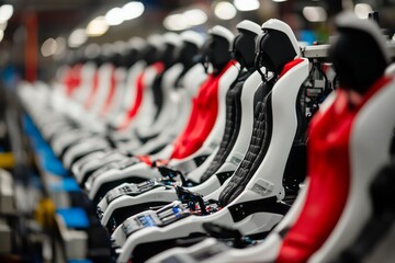 Rows of  racing seats in a manufacturing facility.