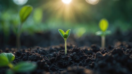 Seedlings developing in nutrient-rich soil with morning sun shining down