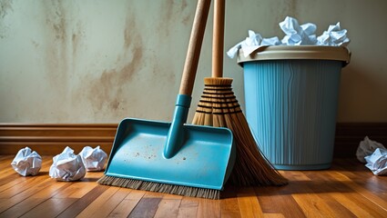 Concept of cleaning depicted by a room being cleaned with a dustpan and handle brush
