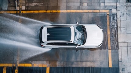 Overhead view of white SUV undergoing automated car wash.