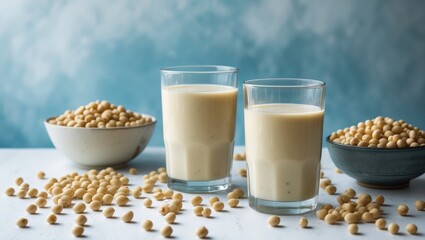 Vegan soy milk in a glass alongside raw soybeans and grains for a nutritious breakfast