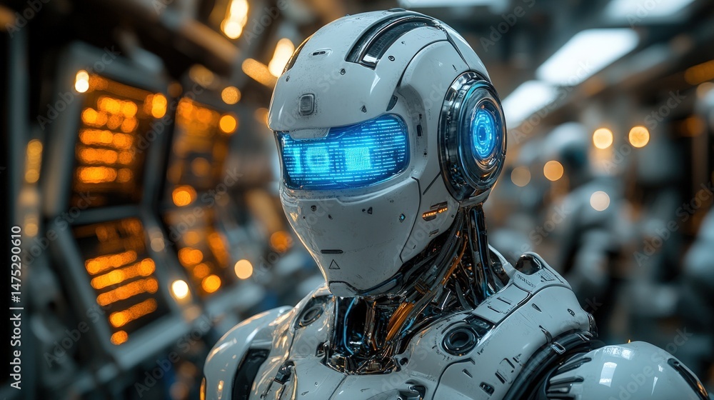 Poster advanced robotic head, close-up view, in a futuristic factory setting with glowing displays and mech
