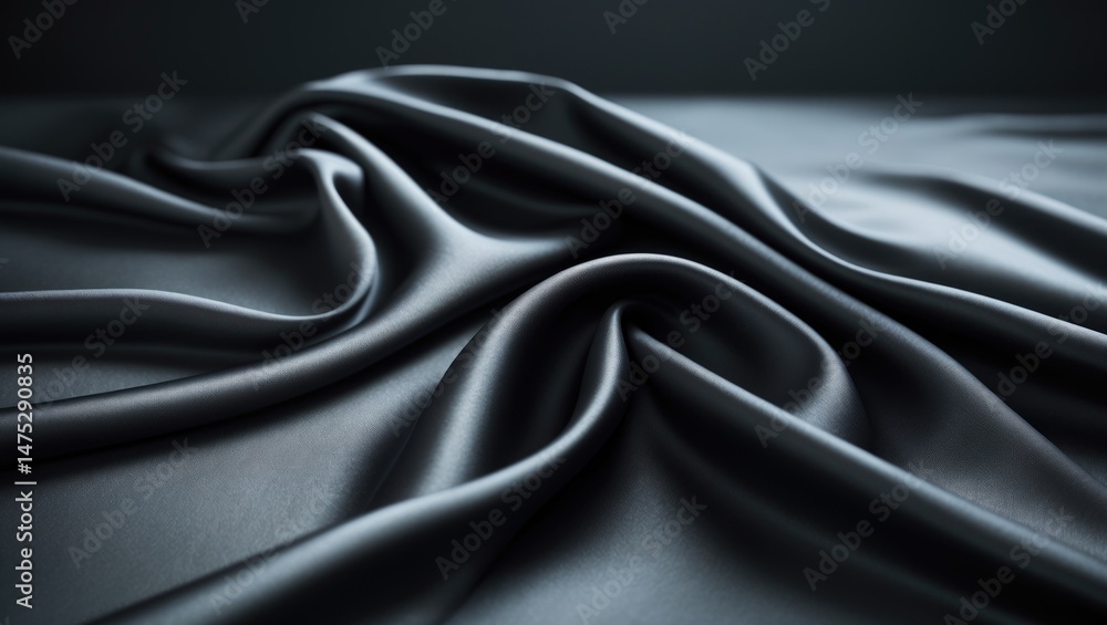 Poster panorama background of luxurious shiny black-gray satin fabric texture, showcasing abstract patterns