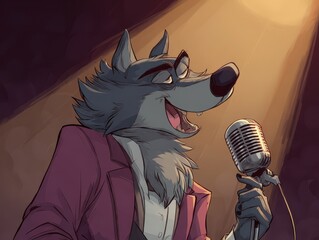 Animated wolf character singing into microphone.