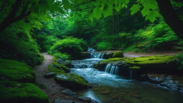 A serene stream flows gently through the trees, its soft waters creating a peaceful waterfall haven amidst the vibrant greenery of nature.