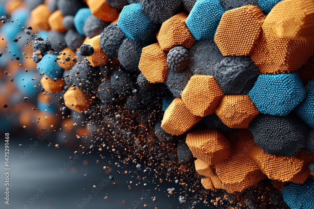 Poster a cluster of textured hexagonal shapes in blue, orange, and gray, dispersing into small particles, w